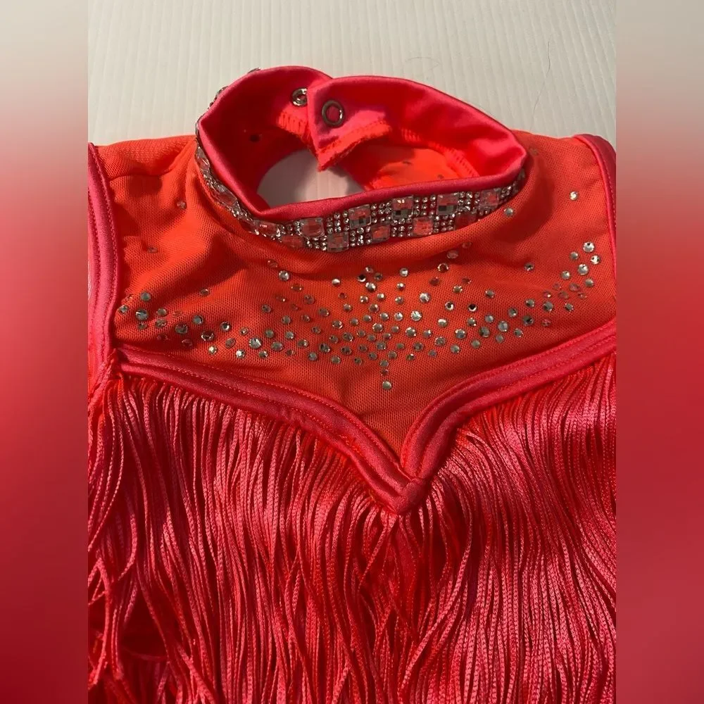 WEISSMAN Dance Costume stoned fringe coral pink Call Me 16736 IC- child 7/8
